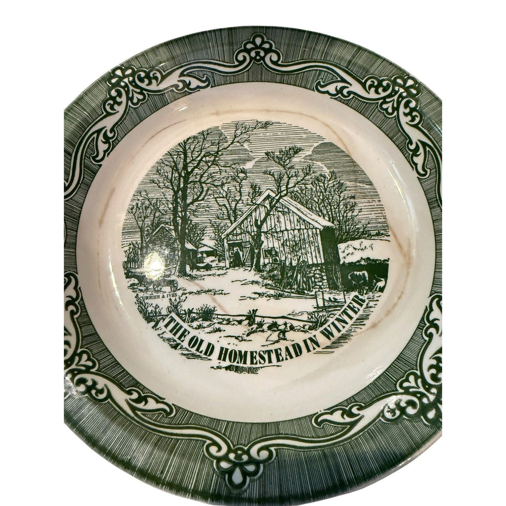 Vintage Royal China Currier & Ives Old Homestead in Winter Pie Plate Green