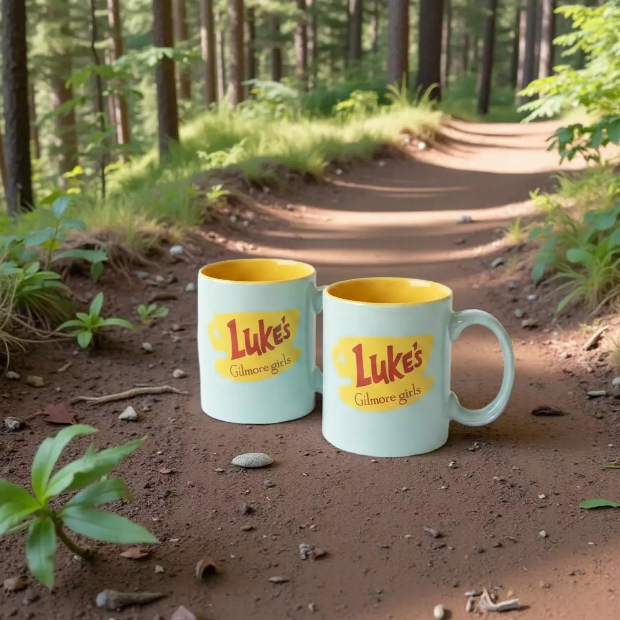 Two light blue mugs with yellow text that says "Luke's Glenmore girls" are placed side by side on a white background.