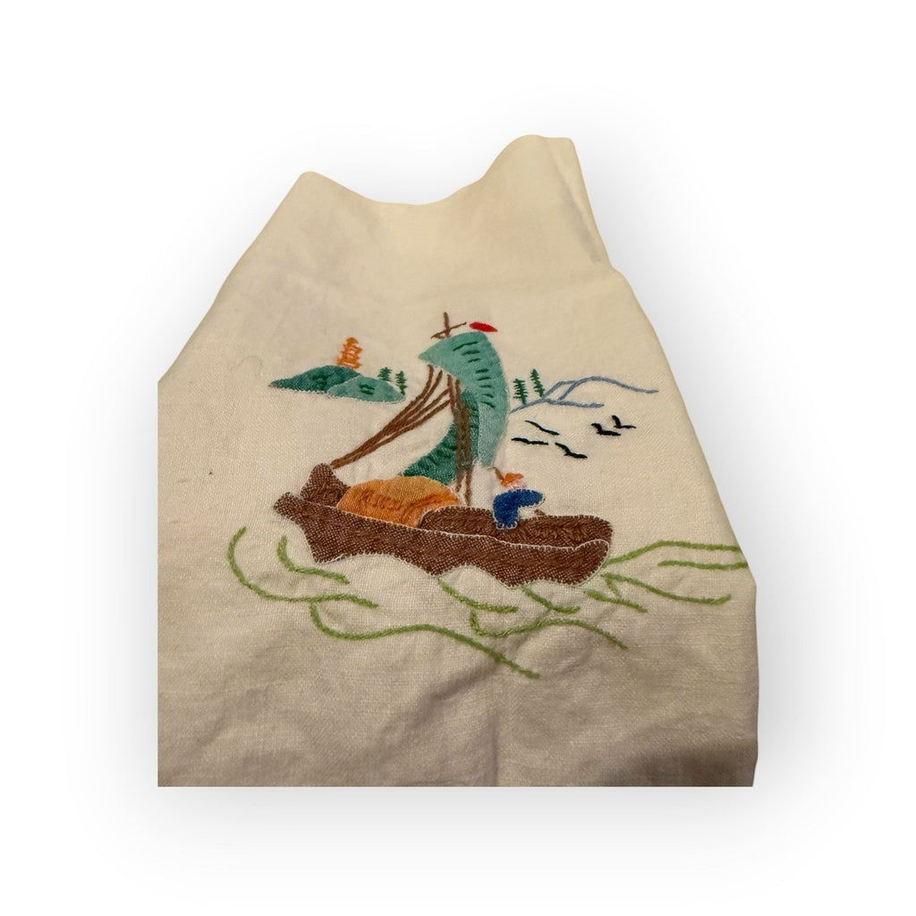 Vintage embroidered appliqué ship boat linen tea hand towel #1
