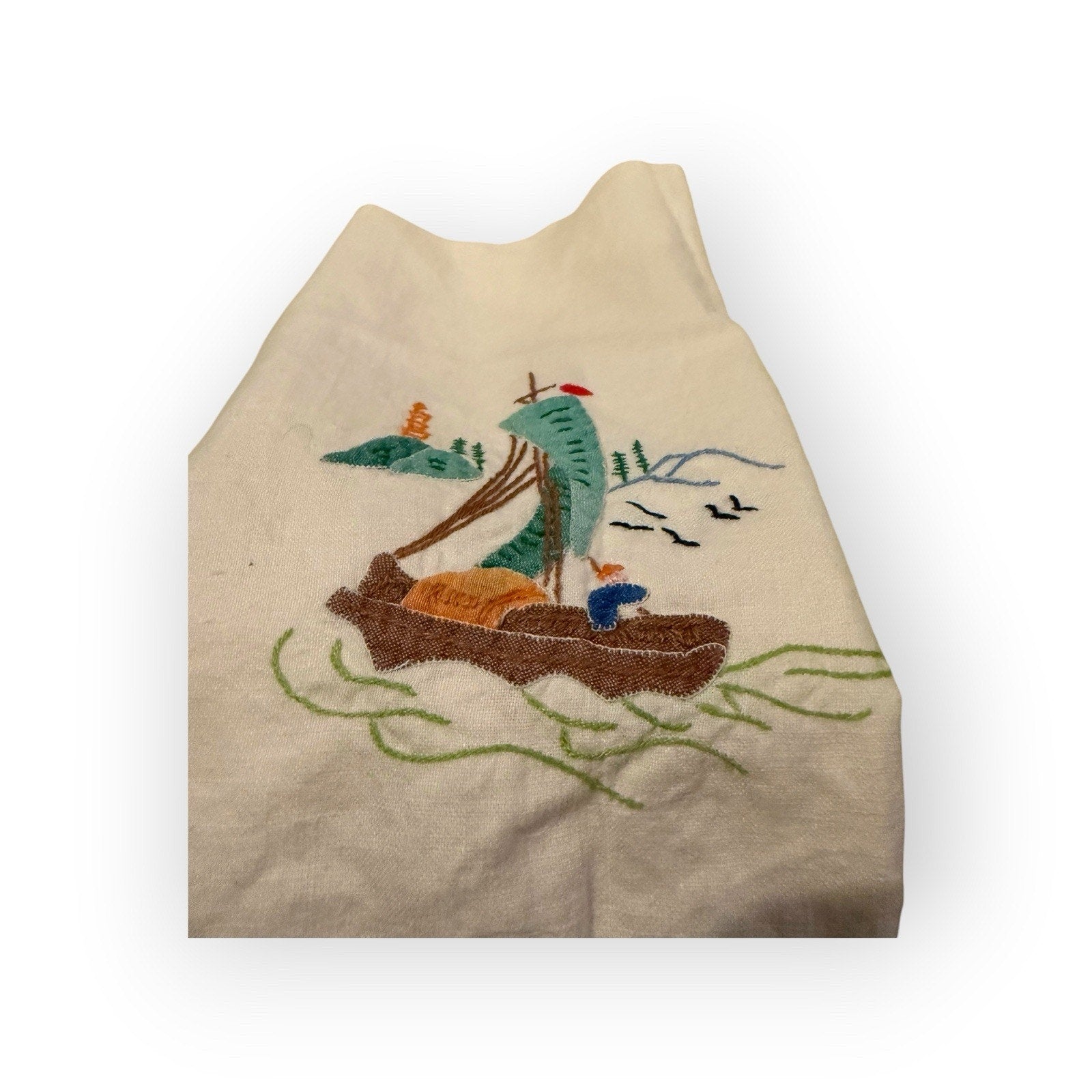 Vintage embroidered appliqué ship boat linen tea hand towel #1