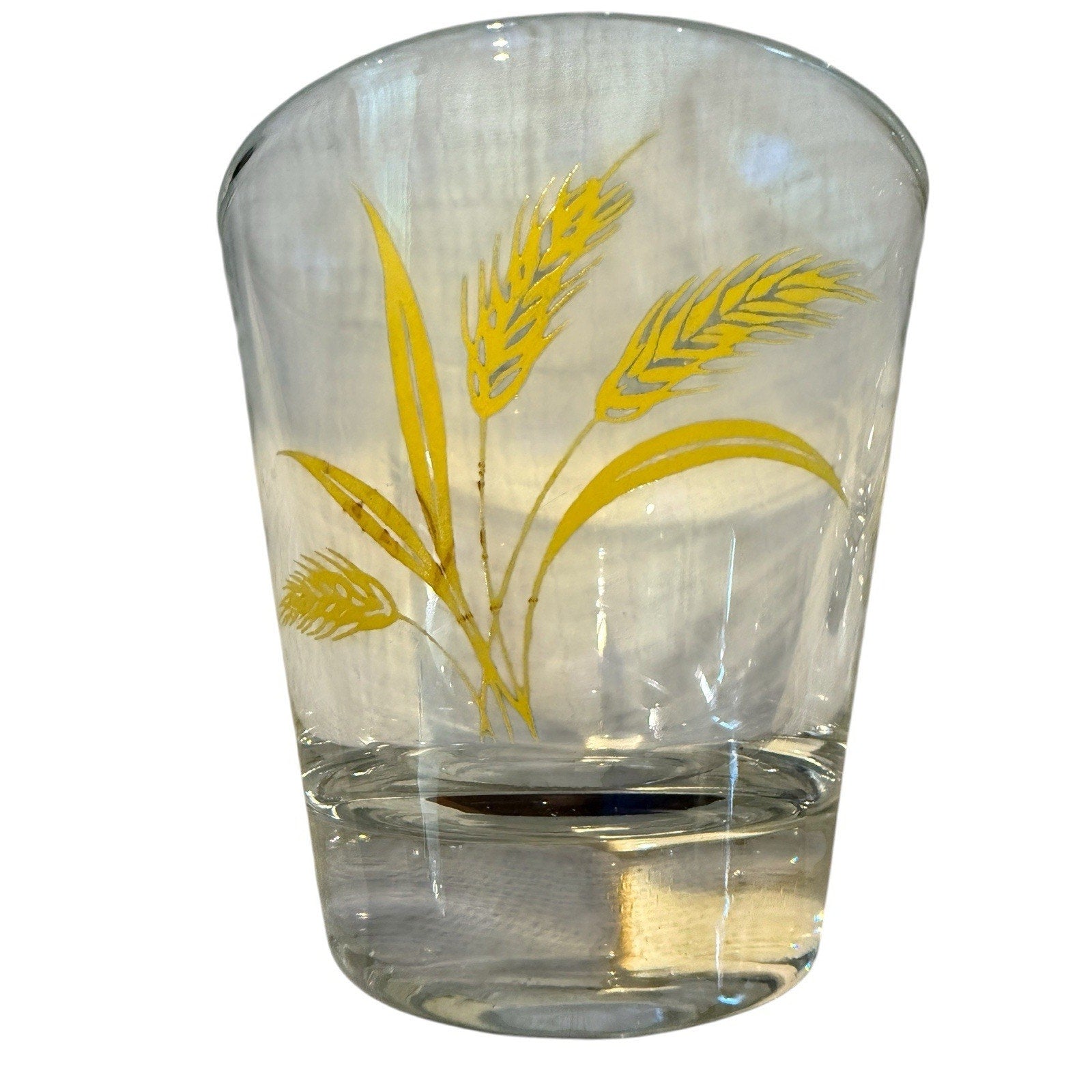 MCM Homer Laughlin Whiskey & Shot Glass Yellow Brown Gold Rim Wheat Design 2 pcs