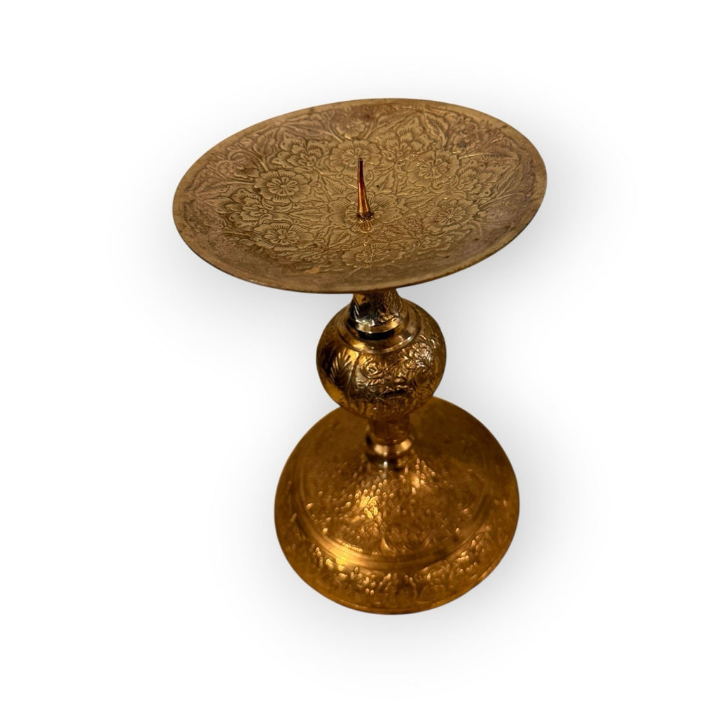 Brass Floral Etched Candle Holder Made in India 9.5 x 6"