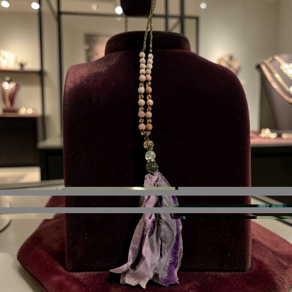 Cream Crystal & Beige Stone Purple Sari Silk Tassel Necklace Women