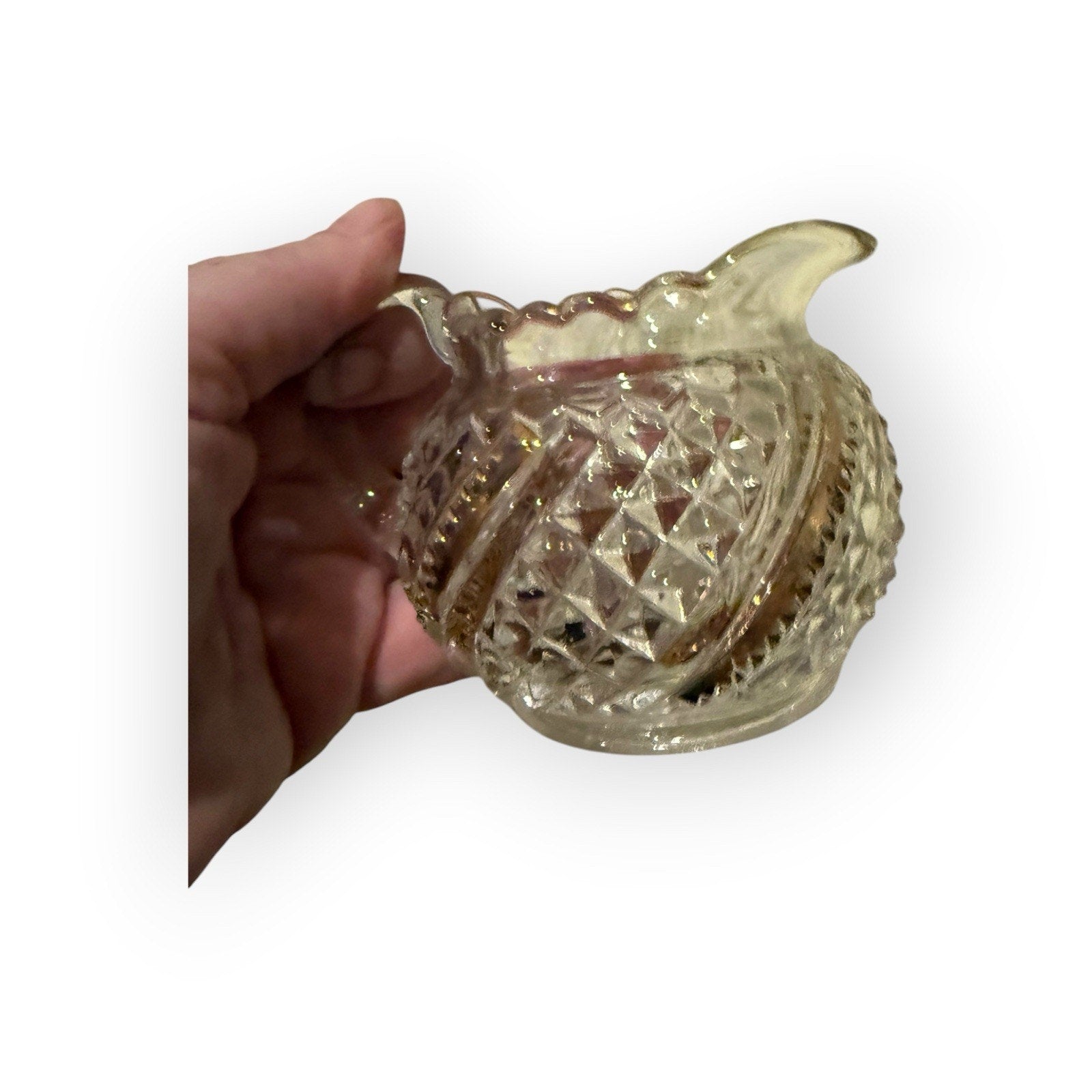 Vintage Brilliant Pressed Glass Creamer Gold Trim Diamond Star Pattern Scalloped