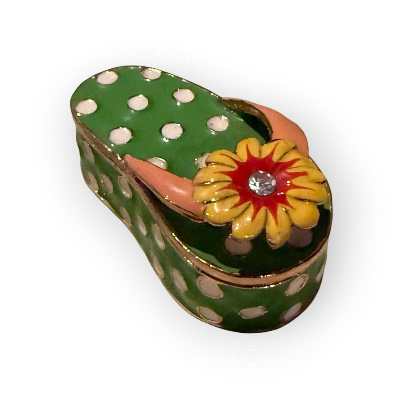 Enameled cute flip flop flower rhinestone trinket jewelry box magnetic gold gift