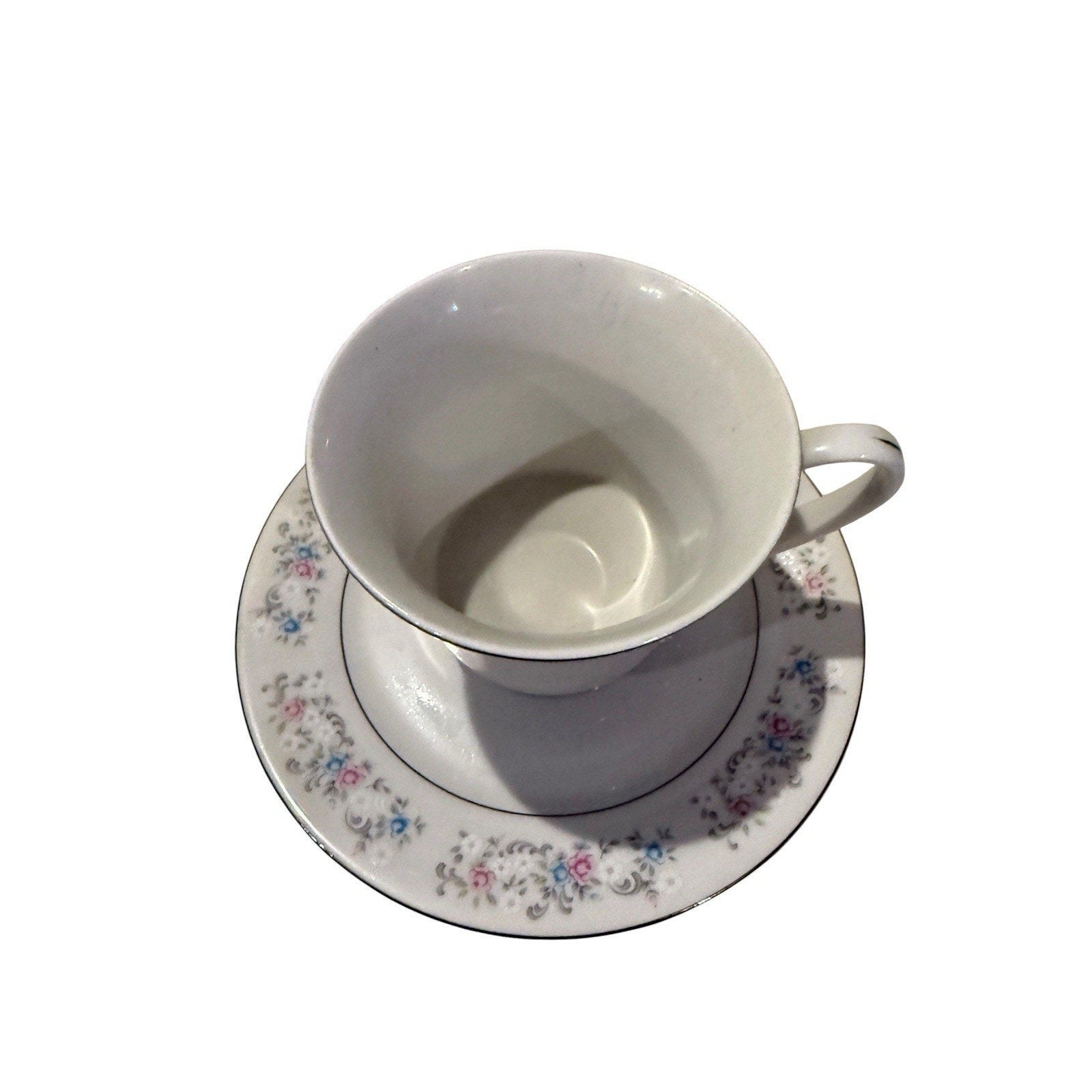 Vintage Dynasty Rapture Pink Blue Flower Silver Rim Fine China Cup Saucer Set