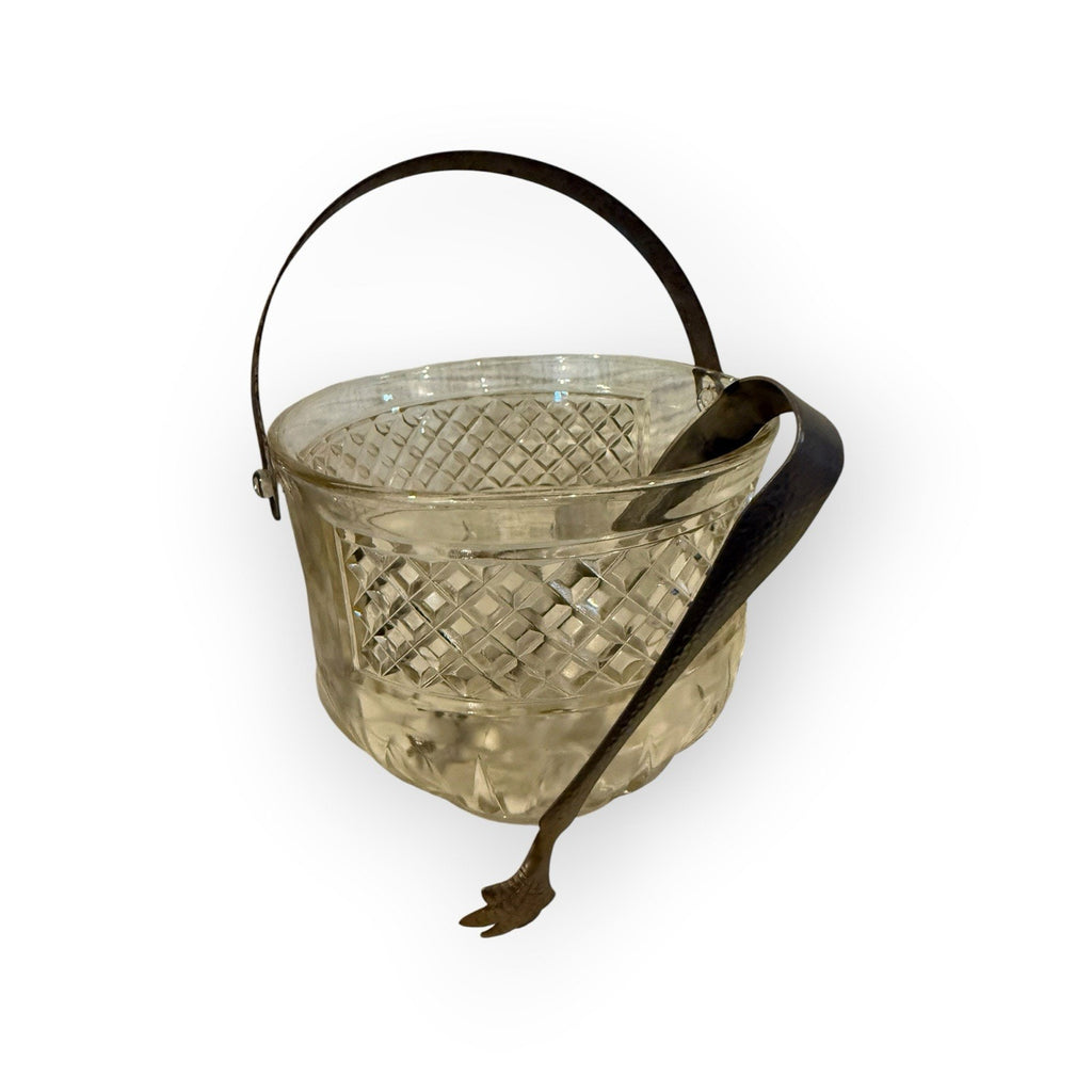 Vintage MCM Glass Ice Wine Bucket Heavy 60s Diamond Pattern w/ Tongs