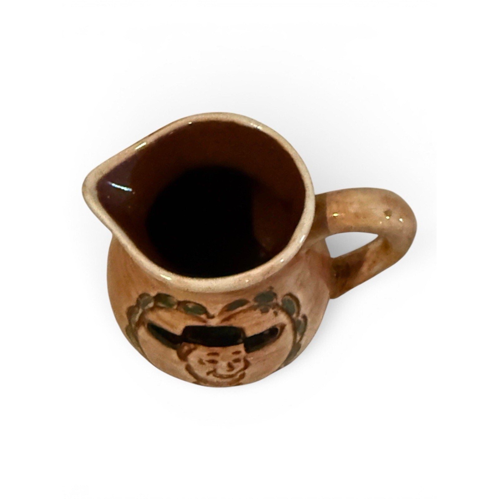 Charming Pennsbury Pottery Amish Face & Heart Design Creamer 4"