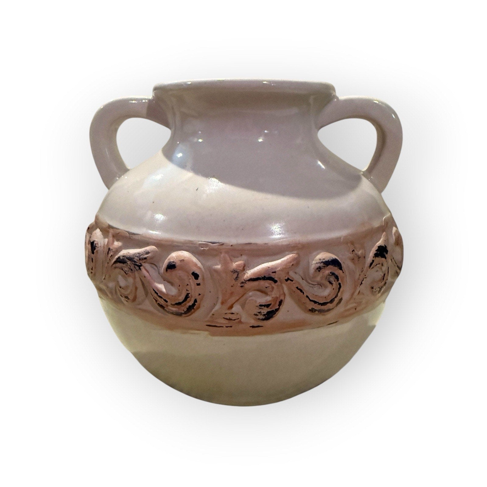 Elegant Expressions Ceramic Planter Cream Scroll Vase 2 Handles Decor