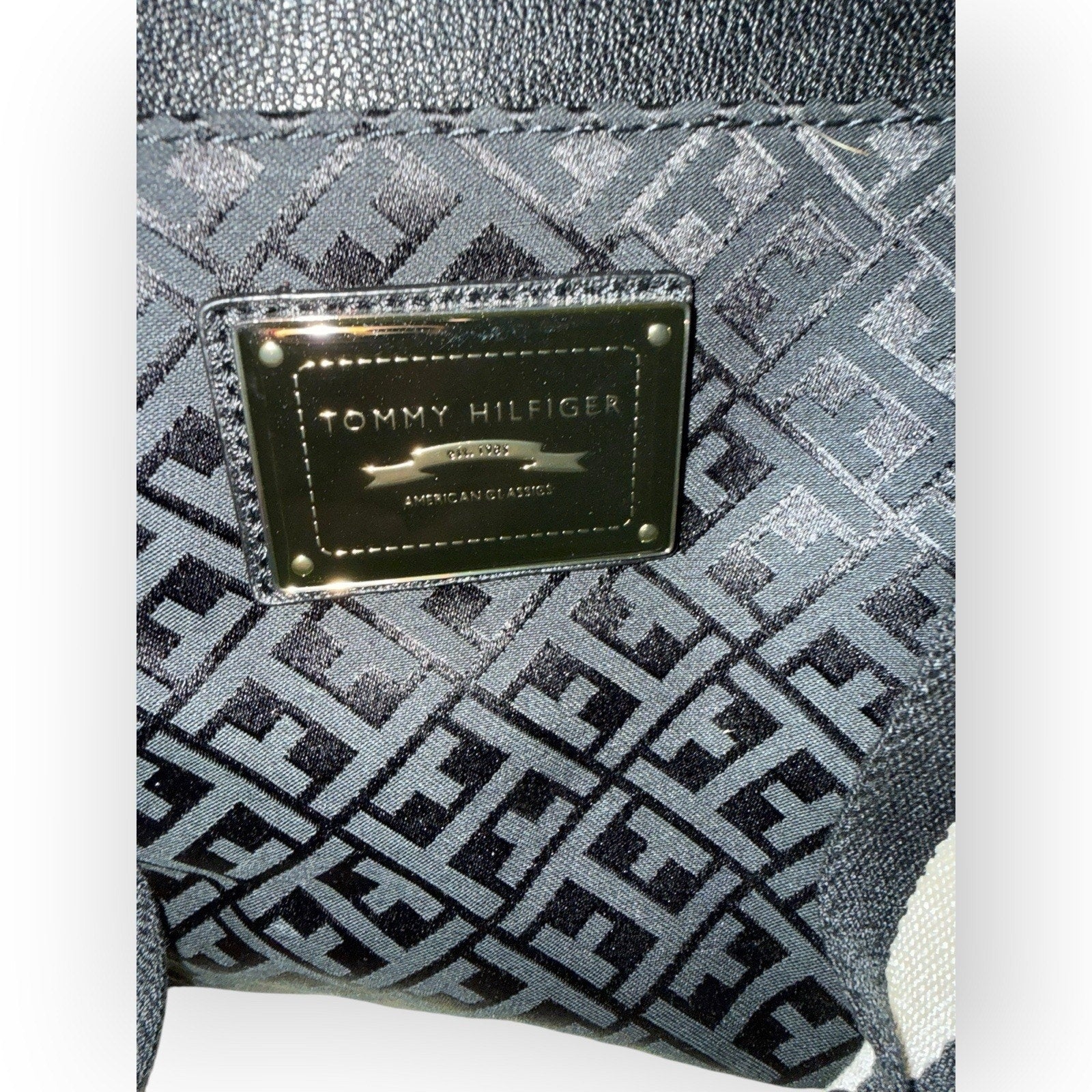 Tommy Hilfiger Black TH Logo Jacquard Tote Bag Handbag Purse Vtg