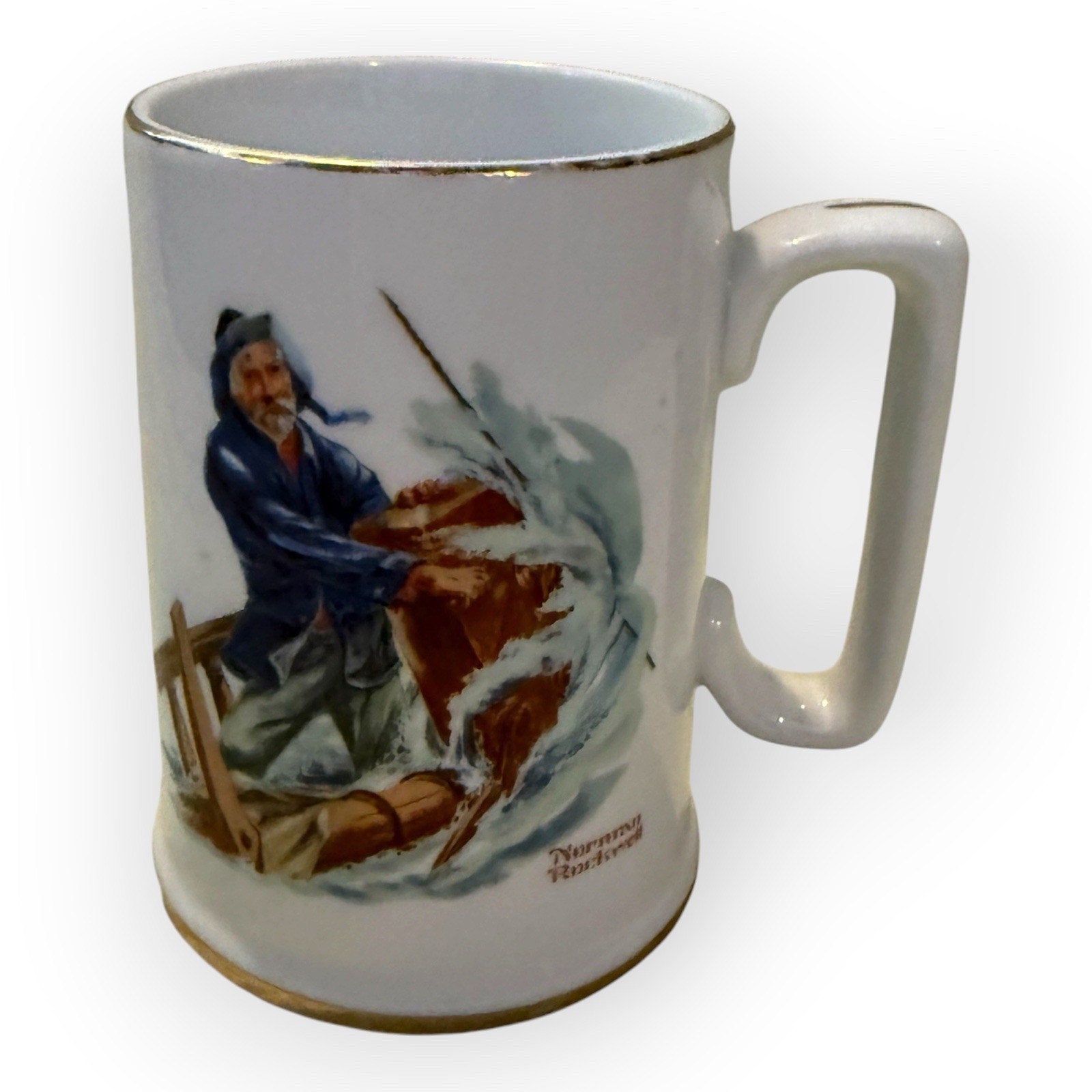 VTG 1985 Norman Rockwell Braving the Storm Coffee Mug Cup Gold Trim