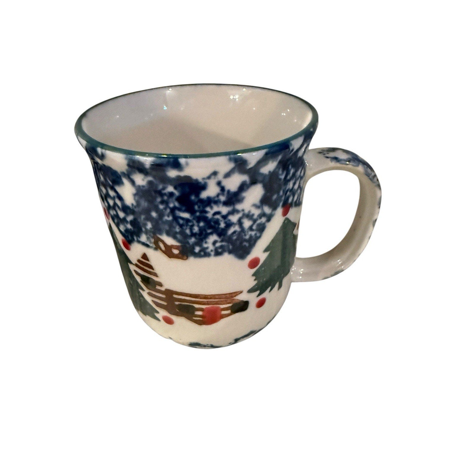 Tienshan Folk Craft Cabin In The Snow 2 Coffee Mugs Spongeware Christmas Cups