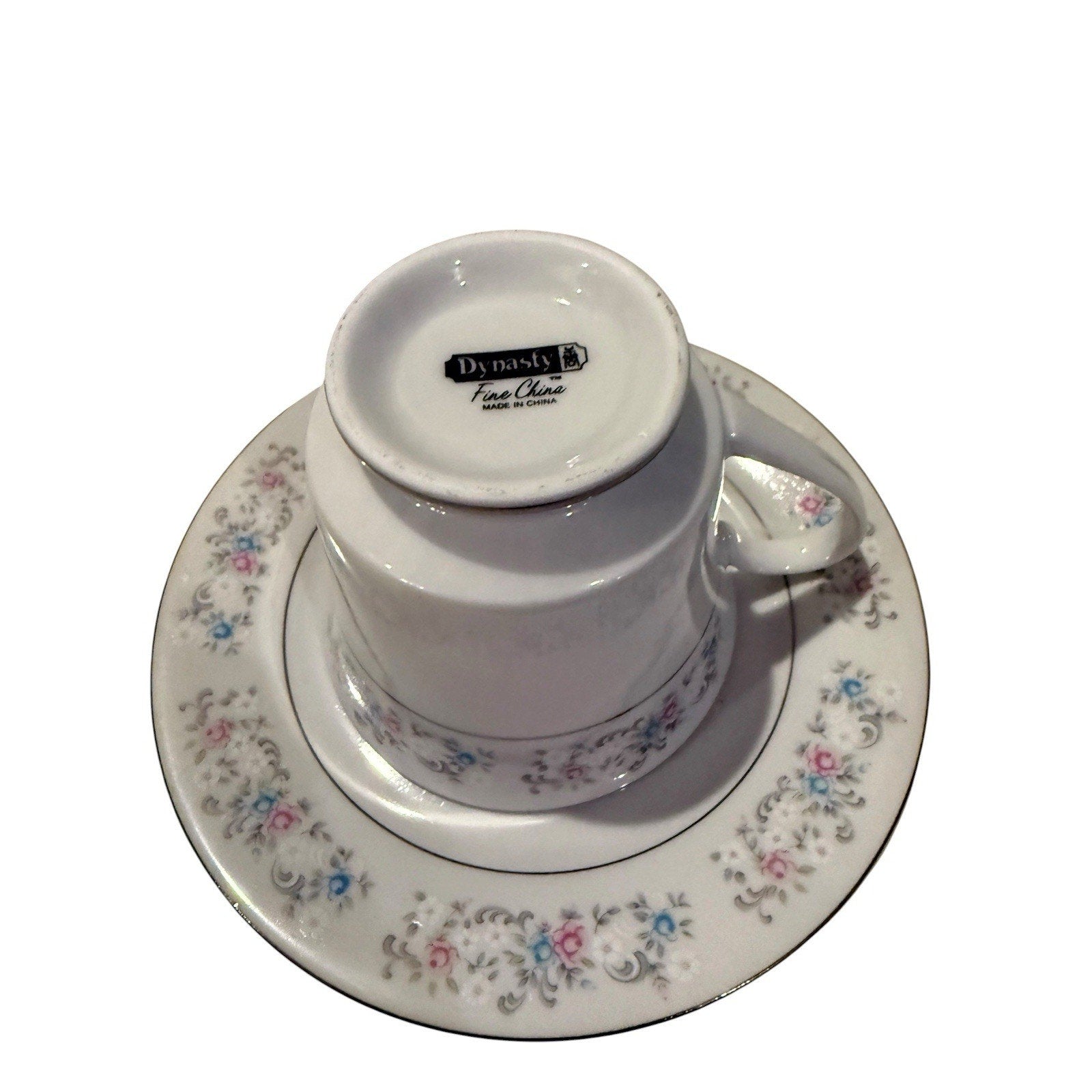 Vintage Dynasty Rapture Pink Blue Flower Silver Rim Fine China Cup Saucer Set