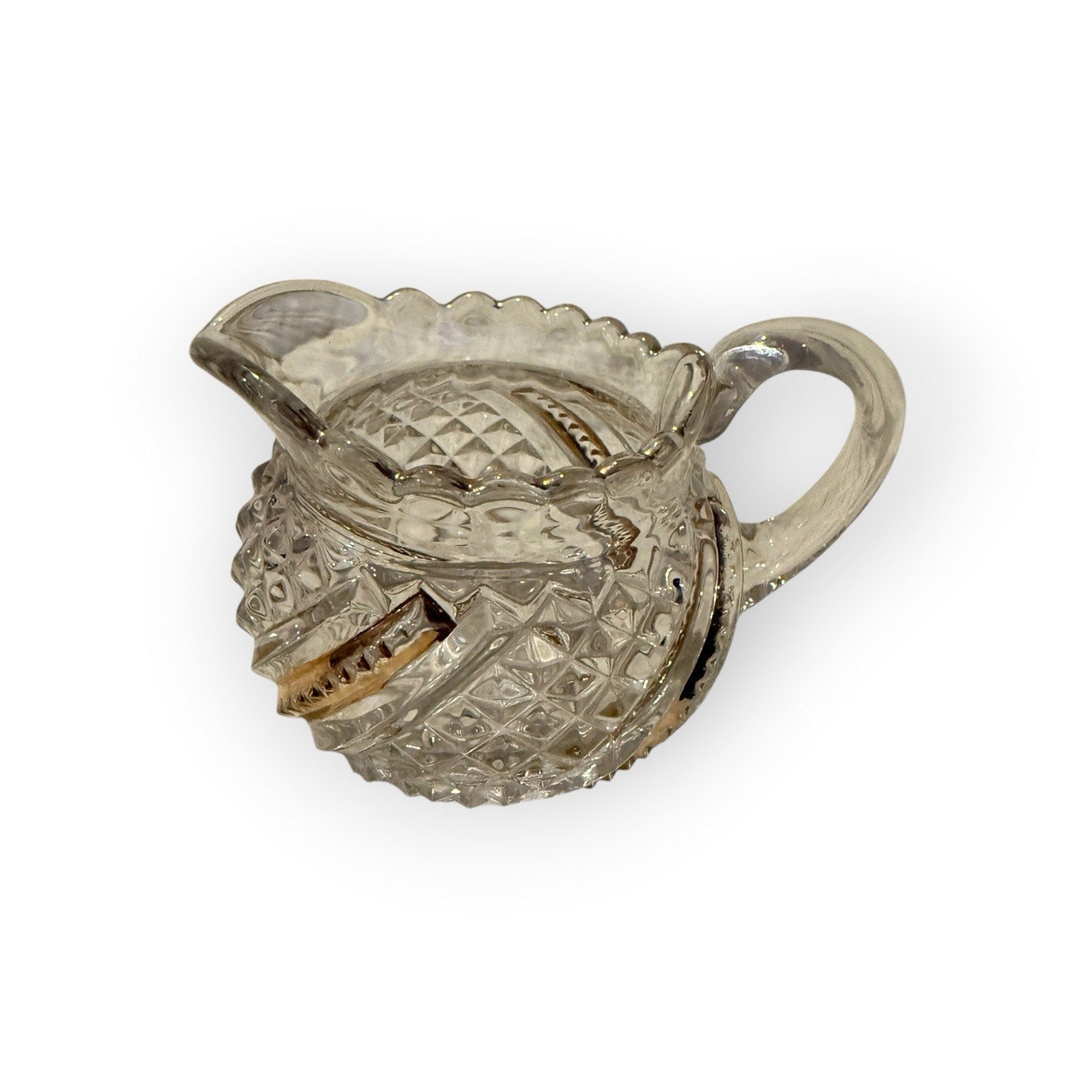 Vintage Brilliant Pressed Glass Creamer Gold Trim Diamond Star Pattern Scalloped