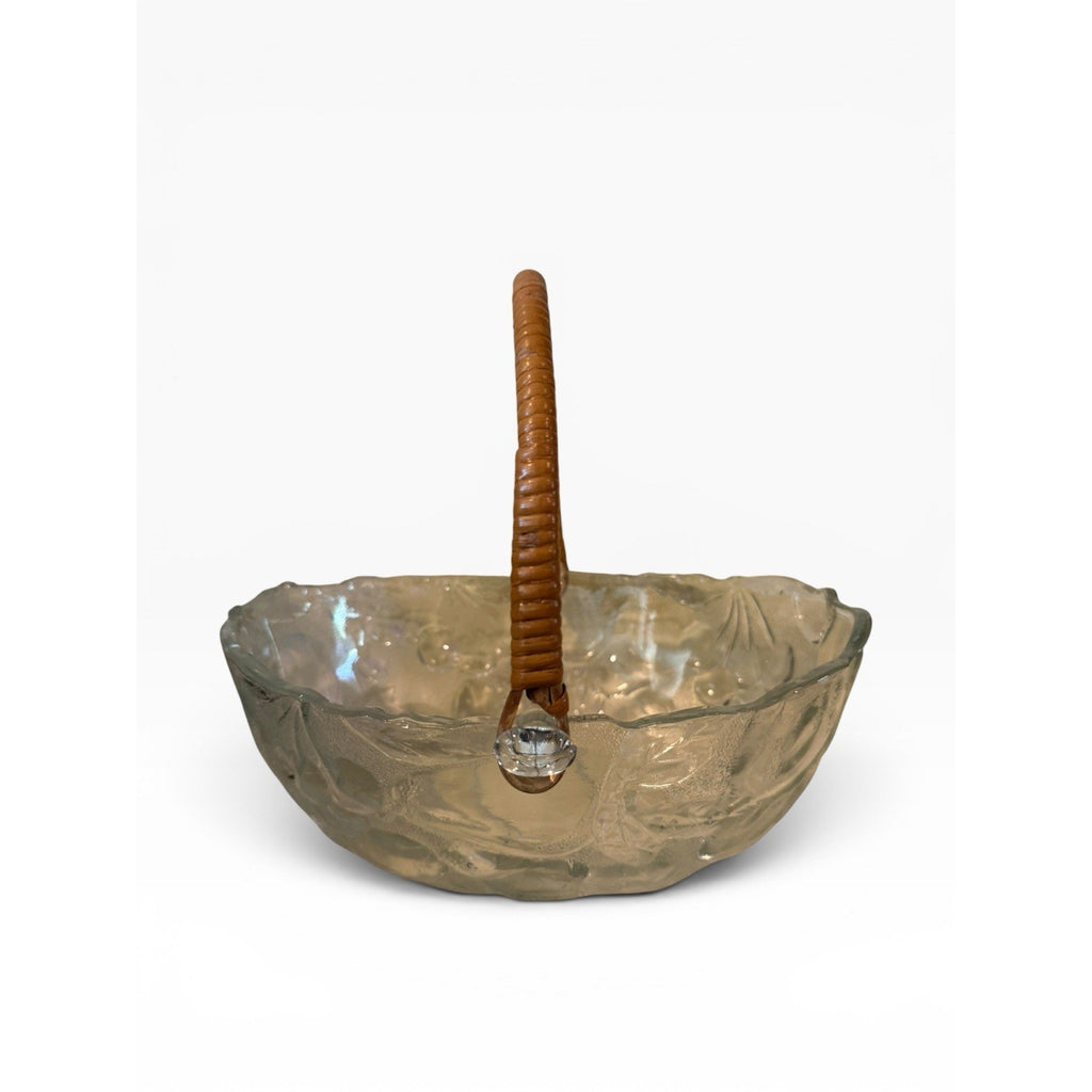 Vintage Glass Oval Bowl Basket Embossed Fruit with Bamboo Ratan Folding Handle